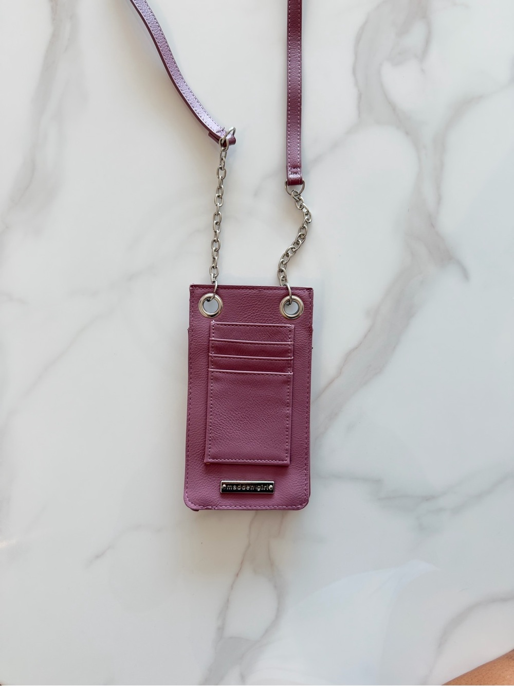 Madden Girl Pink Mauve Crossbody Card Holder with Chain Strap
